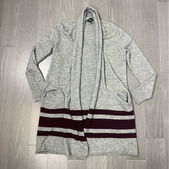 PAIGE Maison Cardigan Grey & Cabernet Stripe Open Front Alpaca Duster Sweater M - Picture 10 of 16